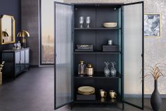 Moderne Vitrine AMSTERDAM 160cm schwarz gold Riffelglas Metall Highboard Schrank