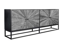 Massives Sideboard BARRACUDA 180cm grau Mangoholz mit Teakholz-Front schwarz Metall