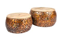 2er Set Runde Couchtische STONE MOSAIC 65cm kupfer Mangoholz Metall Mosaik Design handmade