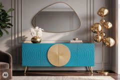 Massives Sideboard AURUM 180cm türkis Mangoholz mit ikonischem Gold-Element