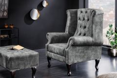 Design Ohrensessel CHESTERFIELD 105cm grau Samt silber Nieten