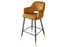Design Barhocker PARIS senfgelb Samt mit Lehne Metall schwarz gold Ziersteppung