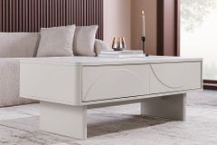Design Couchtisch SAVOY 120cm kaschmir weiß Keramik Marmor mit Schubladen
