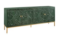 Massives Sideboard PEACOCK 175cm grün Mangoholz antik 3D Schnitzerei Pfau-Design
