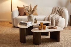 2er Set Couchtische OSAKA 120cm champagner greige Travertin Keramik Walnuss