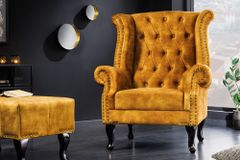 Design Ohrensessel CHESTERFIELD 85cm senfgelb Samt Knopfheftung
