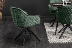 Drehbarer Design Stuhl EUPHORIA dunkelgrün Samt mit Armlehne Metallgestell schwarz