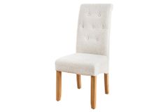 Design Stuhl CASA beige Bouclé Tweed Soft Massivholzbeine Zierknöpfe und Nackenrolle