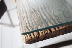 Massiver Esstisch BARRACUDA 180cm antik Teak Holz mit Stahl Kufenfüßen inkl. Glasplatte