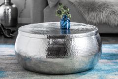 Runder Couchtisch ORIENT STORAGE 70cm silber Metall mit Stauraum Hammerschlag Design handmade