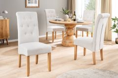 Design Stuhl CASA beige Strukturstoff Massivholzbeine mit Zierknöpfen und Nackenrolle