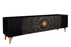 Handgearbeitetes TV-Lowboard GOLDEN SUNSET 180cm schwarz mit 3D Schnitzereien gold Mangoholz massiv Metallfüße