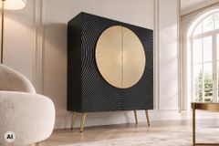 Massives Highboard AURUM 120cm schwarz Mangoholz mit ikonischem Gold-Element