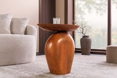 Massiver Beistelltisch ORGANIC 50cm braun Mangoholz oval Säulenfuß