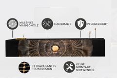 Hängendes TV-Lowboard GOLDEN SUNSET 160cm Mangoholz schwarz mit 3D Schnitzereien gold handmade