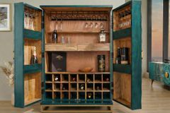 Handgearbeiteter Barschrank GOLDEN SUNSET 140cm türkis Mangoholz massiv