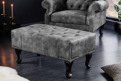 Design Sitzhocker CHESTERFIELD 80cm grau Samt Knopfheftung Nietenbesatz