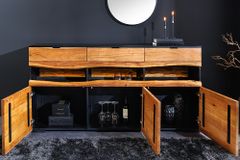 Massivholz Sideboard GRAND ACACIA 180cm braun Akazie mit LED-Beleuchtung Baumkante