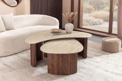 2er Set Couchtische OSAKA 120cm champagner greige Travertin Keramik Walnuss