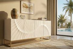 Massives Sideboard SCORPION 180cm weiß Mangoholz gold Metall 3D-Schnitzereien