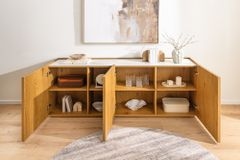 Design Sideboard VICENZA 180cm weiß Keramik natur Eiche Lamellenfront
