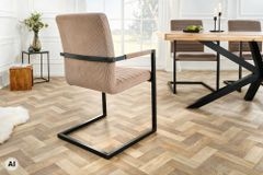 Industrial Freischwinger LOFT taupe Cord schwarz Eisen mit Armlehne