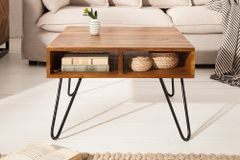 Massivholz Couchtisch SCORPION 60cm braun Sheesham stone finish Stauraum Hairpin Legs