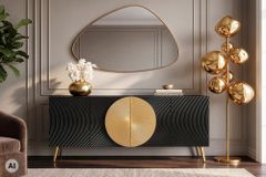 Massives Sideboard AURUM 180cm schwarz Mangoholz mit ikonischem Gold-Element