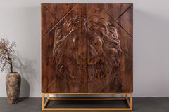 Massives Highboard LION 120cm braun Mangoholz gold Metall 3D Schnitzereien Kunstwerk