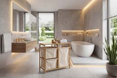 Massivholz Wäschekorb LAGOON SPA 70cm natur beige Bambus drei Wäschebeutel waschbar