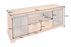 Massives Lowboard HERITAGE 160cm natur Pinie Industrial-Türen Metall Vitrine