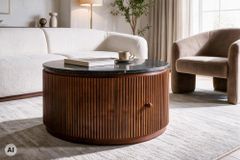 Runder Couchtisch COFFEE TABLE GATSBY 70cm braun schwarz Mangoholz Marmor Schublade
