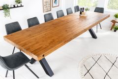 Massivholz Esstisch THOR 300cm vintage braun Pinie recycelt Industrial Design Eisen X-Gestell