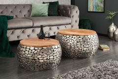 2er Set Runde Couchtische STONE MOSAIC 65cm silber Mangoholz Metall handmade Mosaik Design