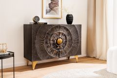 Massives Sideboard GOLDEN SUNSET 100cm schwarz Mangoholz 3D Schnitzerei gold Metall