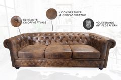 Chesterfield 3-Sitzer Sofa 205cm antik braun Microfaser Federkern Knopfheftung