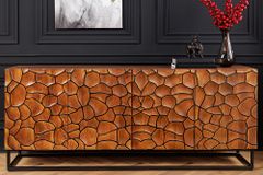 Massivholz Sideboard VULCANO 180cm braun Mangoholz mit 3D Schnitzereien handmade Metallgestell schwarz
