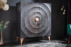 Handgearbeitetes Highboard GOLDEN SUNSET 120cm mit 3D Schnitzereien schwarz gold Mangoholz
