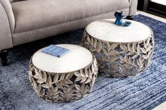 Rundes 2er Set Couchtische ABSTRACT LEAF 70cm weiß silber Marmor Metall Blatt-Design