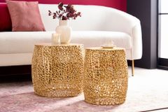 2er Set Filigraner Design Couchtisch ABSTRACT LEAF gold Handarbeit Metall rund