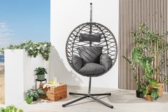 In- und Outdoor Hängesessel IBIZA anthrazit Rattan mit Gestell wetterfest inkl. Kissen