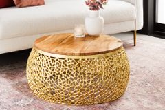 Runder Couchtisch ABSTRACT LEAF 75cm gold Metall massiv Akazienholz filigrane Handarbeit
