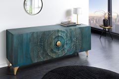 Handgearbeitetes Sideboard GOLDEN SUNSET 180cm türkis gold Mangoholz Metallbeine