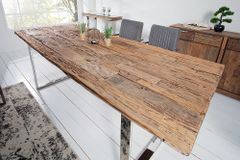 Massiver Esstisch BARRACUDA 180cm antik Teak Holz mit Stahl Kufenfüßen inkl. Glasplatte