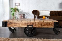 Massiver Design Couchtisch RAILWAY 110cm Mangoholz mit 4 Rädern