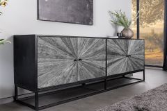 Massives Sideboard BARRACUDA 180cm grau Mangoholz mit Teakholz-Front schwarz Metall