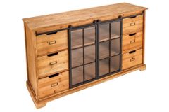 Massives Sideboard HERITAGE 150cm natur Pinienholz Industrial-Türen Metall Vitrine