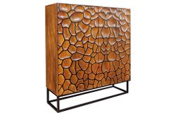 Massivholz Highboard VULCANO 120cm braun Mangoholz mit 3D Schnitzereien handmade Metallgestell schwarz