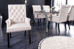 Design Stuhl CASTLE beige schwarz Strukturstoff Armlehnen Holzfüße