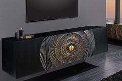 Hängendes Sideboard GOLDEN SUNSET 180cm schwarz mit 3D Schnitzereien gold massiv Mangoholz handmade